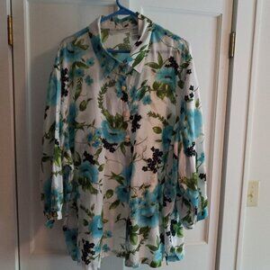 Beautiful Sag Harbor Floral Blouse 100% Cotton Turquoise White Green Black 3X